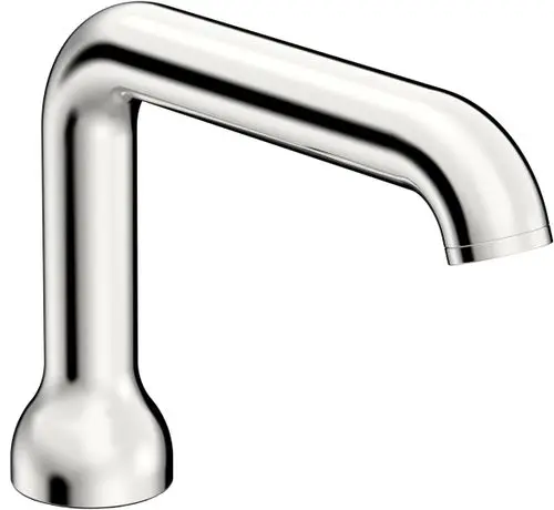Hochglänzender Auslauf in Chrom-Optik von HANSA, mit elegantem, geschwungenem Design und einem runden, stabilen Fuß, geeignet für moderne Armaturen.